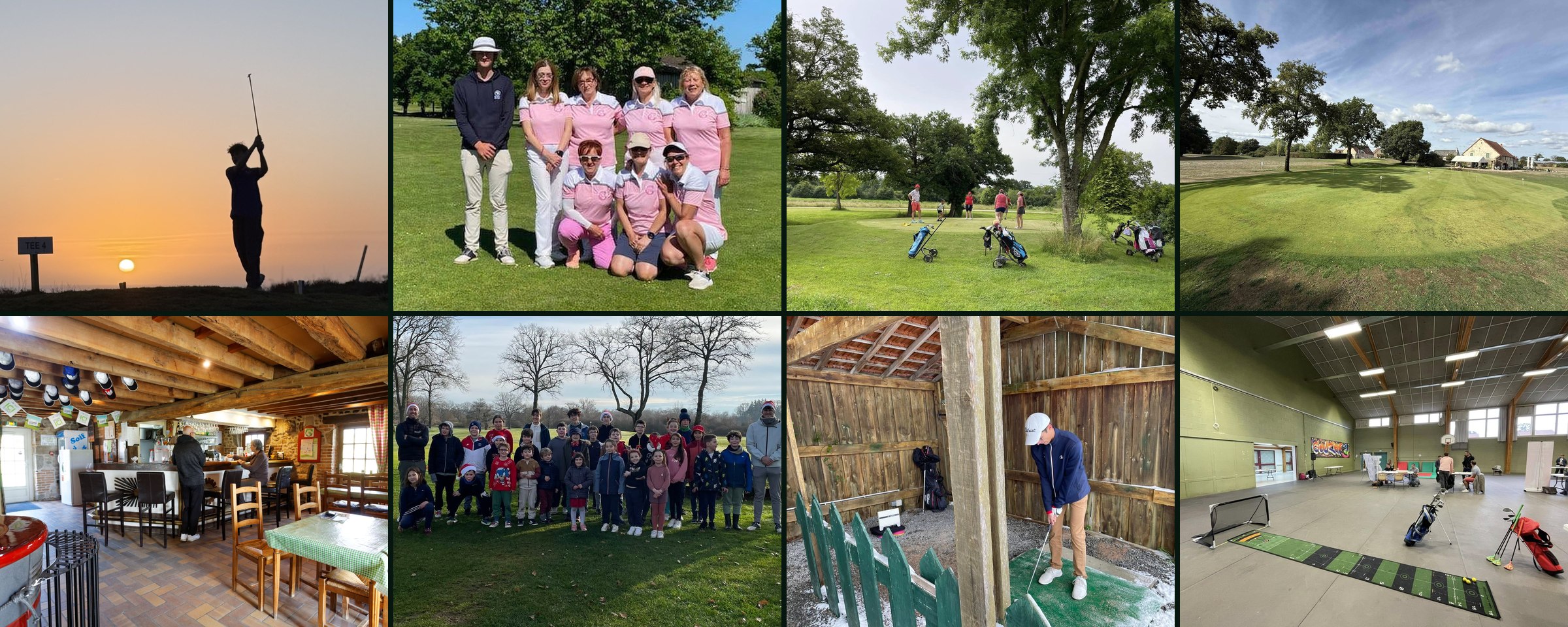 Mosaïque de la vie sportive du club : équipe en compétition, remise des prix, parcours et club house