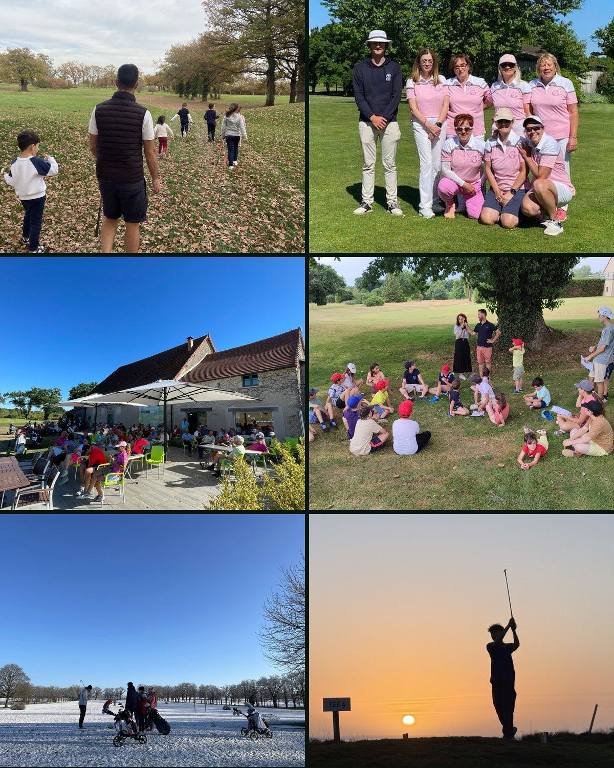 Mosaïque de la vie du club : une leçon à l'école de golf, l'équipe en compétition, la terrasse du club house, le parcours en hiver et un joueur au coucher de soleil